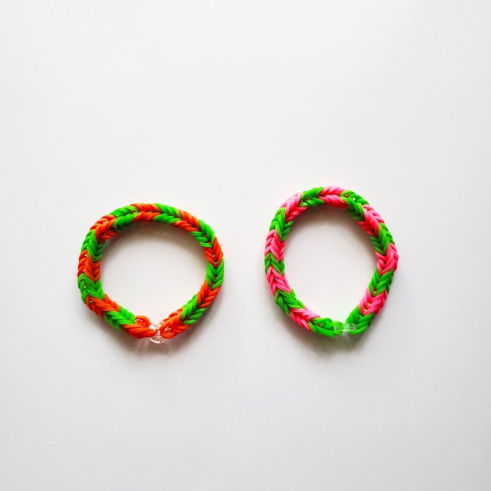 Green/Pink/Orange Handmade Fishtail Rainbow Loom Bracelets